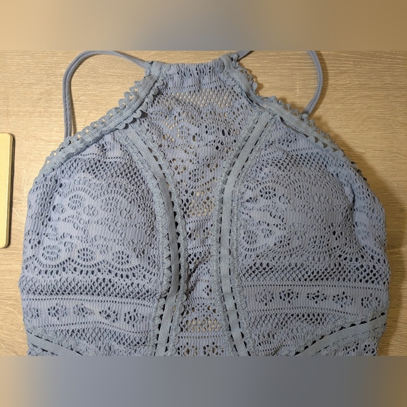 Becca Periwinkle Blue Crochet Open Knit High Neck Open Back One Piece Swimsuit - Picture 4 of 9